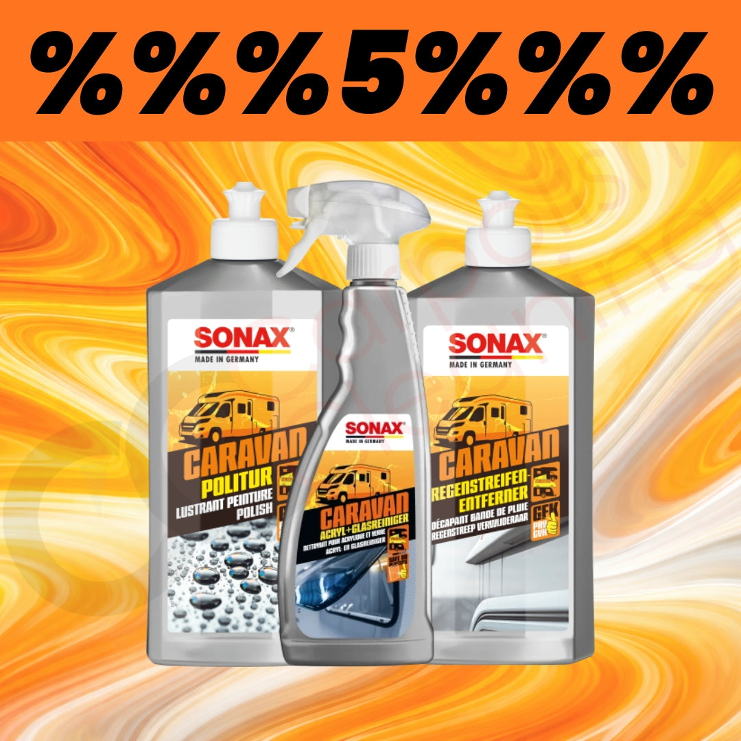 SONAX Caravan Set mit Acryl- und Glasreiniger 750 ml, Caravan Politur 500 ml und RegenstreifenEntferner 750 ml für Wohnwagen und Reisemobile