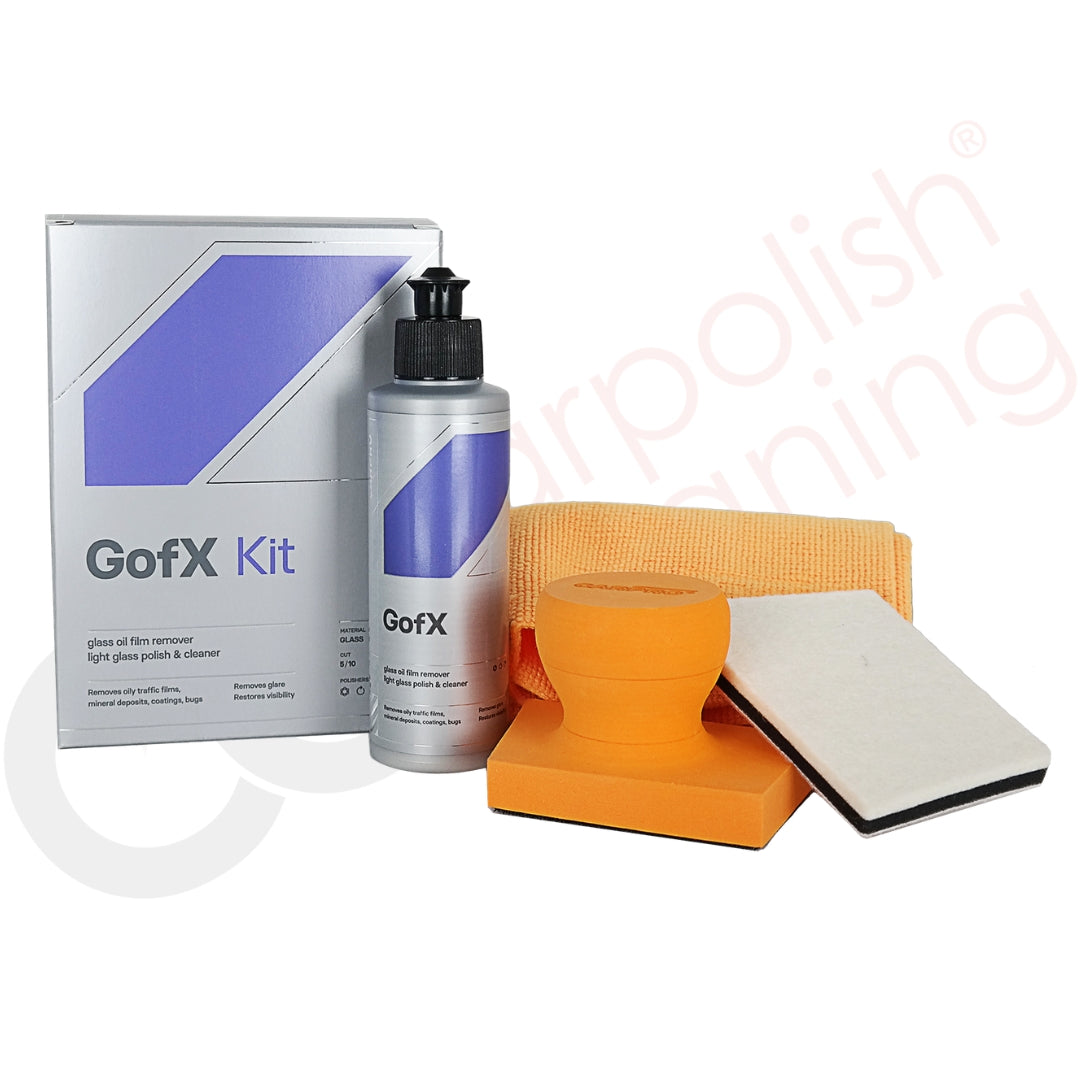 CarPro Glass Oil Remover 150ml KIT mit GofX, Buff Applikator, GlassPad und Terry Mikrofasertuch für die gründliche Glasreinigung am Auto.