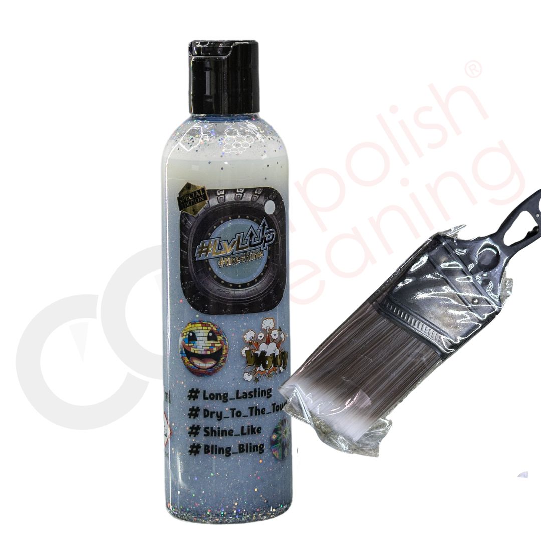 Ein schwarzer Reifen mit glänzender Oberfläche, der von LVL UP Reifenglanz behandelt wurde.