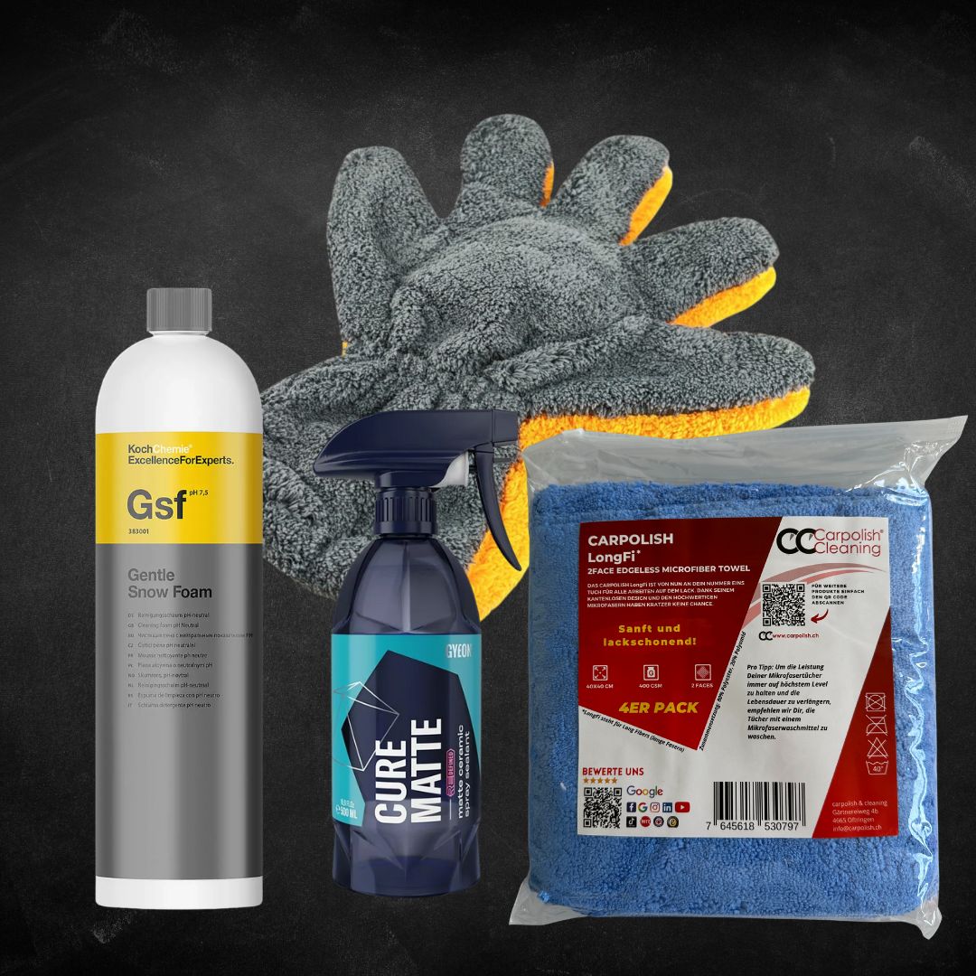 Mattlack Wasch- und Pflege Set mit Koch Chemie Snow Foam, Carpolish Waschhandschuh, Gyeon Cure Matte Pflege und LongFi Mikrofasertüchern für schonende Fahrzeugpflege