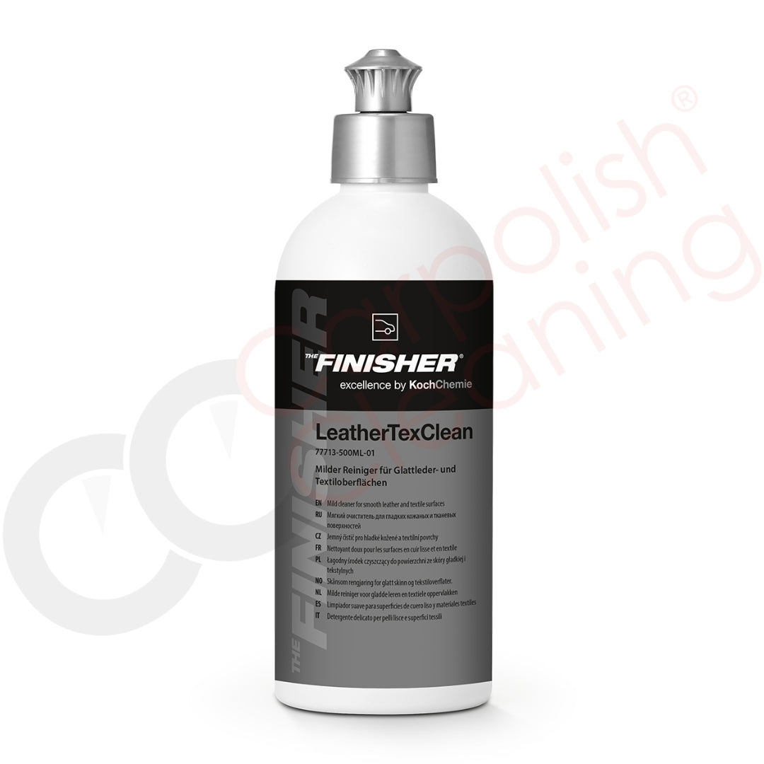 Sprühflasche THE FINISHER LeatherTexClean 500 ml – milder Reiniger für oberflächengefärbtes Glattleder und Textilien im Fahrzeuginnenraum, entfernt sanft Verschmutzungen und erhält Farbe.